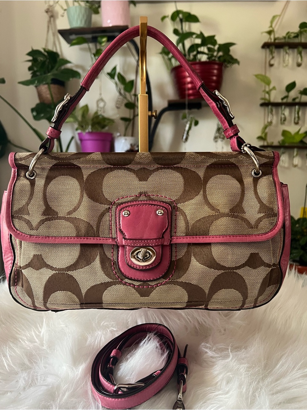 Coach Brown Signature Canvas Shoulder Bag with Pink Trim